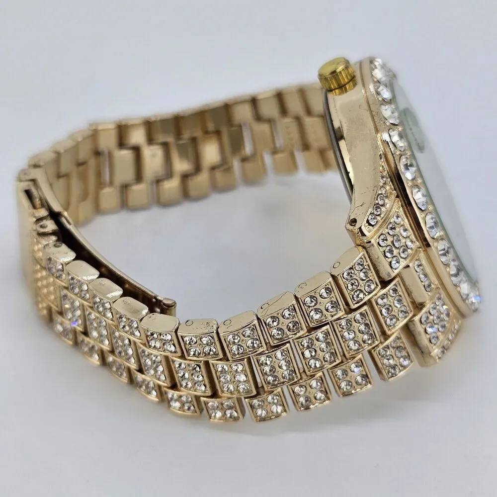 Unisex Watch 42MM Crystal Bling Gold Case Gold Band Date 7.5